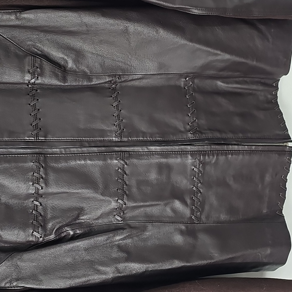 Rich Brown Front Leather Back Sweater Jacket wStitch Design Cozy Office Polished - Picture 5 of 12